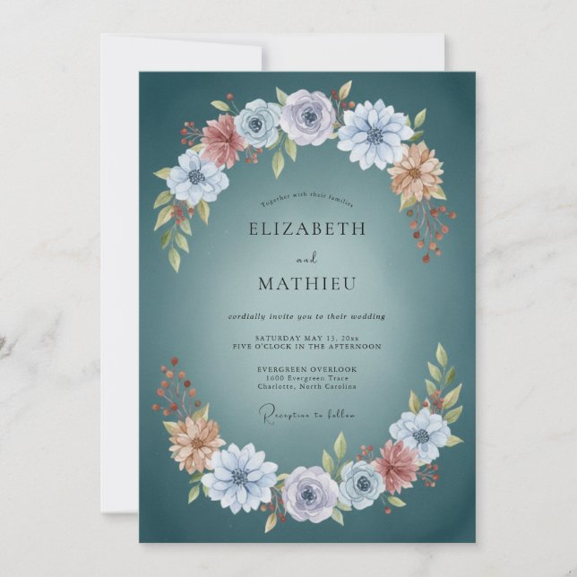 Convites Casamento Botânico Azul-Esverdeado Escuro (Frente)
