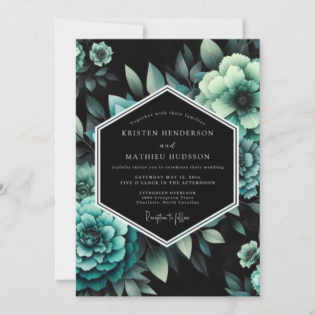 Convites Casamento Botânico Azul-Esverdeado Sombrio (Frente)