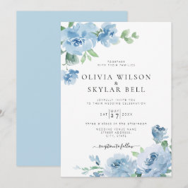 Convites Casamento Botânico Azul-Floral Azul Invi