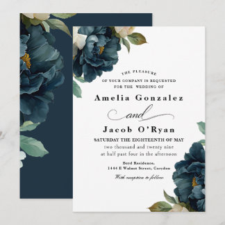 Convites Casamento Botânico Azul-Marinho Elegante