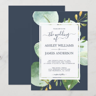 Convites Casamento Botânico Azul-Marinho Eucalyptus Verde