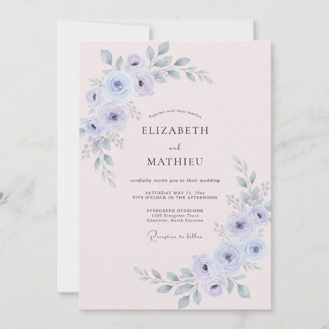 Convites Casamento Botânico Azul Muted Periwinkle (Frente)