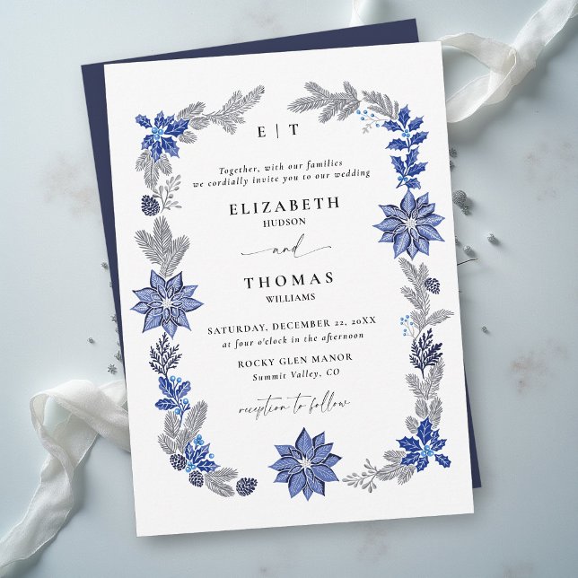 Convites Casamento Botânico Azul Naval Natal de Inverno (winter wedding invitation navy blue white botanical greenery foliage elegant modern classic formal)