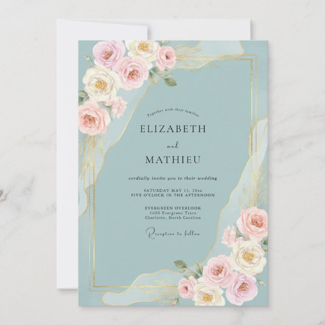 Convites Casamento Botânico Azul Pó (Frente)