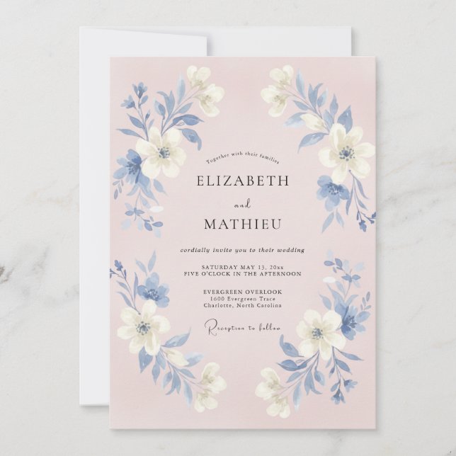 Convites Casamento Botânico Azul Rosa (Frente)