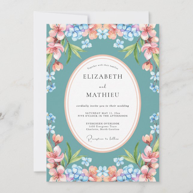 Convites Casamento Botânico Azul Turquesa Brilhante (Frente)