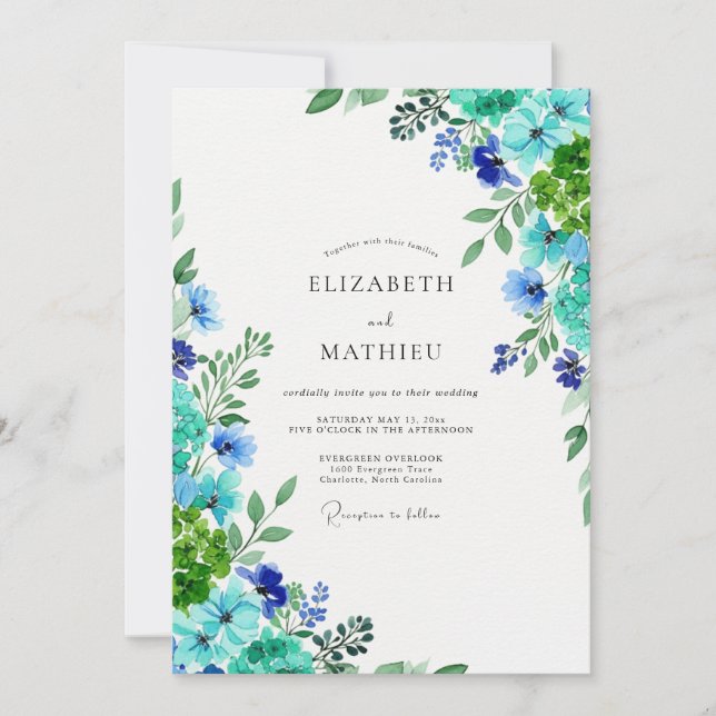 Convites Casamento Botânico Azul Verde Vibrante (Frente)