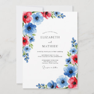 Convites Casamento Botânico Azul Vermelho Ousado