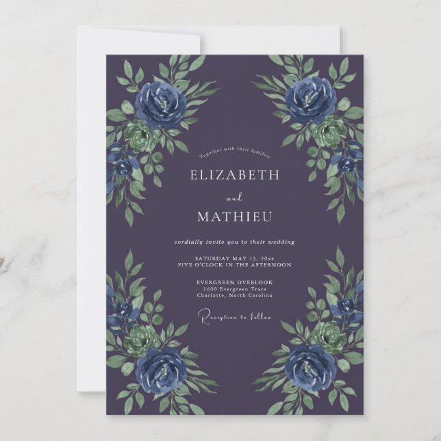 Convites Casamento Botânico Azul Violeta Profundo (Frente)