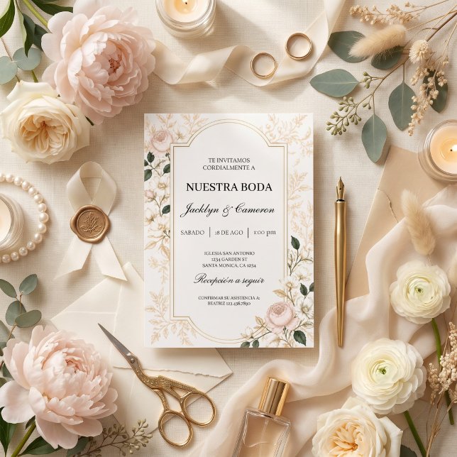 Convites Casamento Botânico Bege Romântico Floral (Criador carregado)