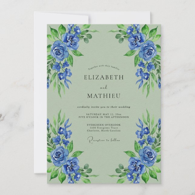 Convites Casamento Botânico Blue Bloom (Frente)