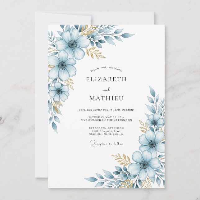 Convites Casamento Botânico Blue Soft Bloom (Frente)