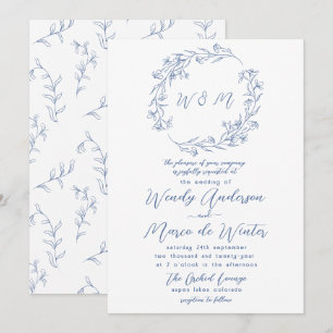 Convites Casamento Botânico Boho Azul e Branco Mínimo