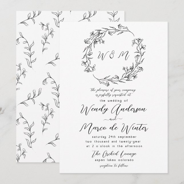 Convites Casamento Botânico Boho Preto e Branco Mínimo (Frente/Verso)