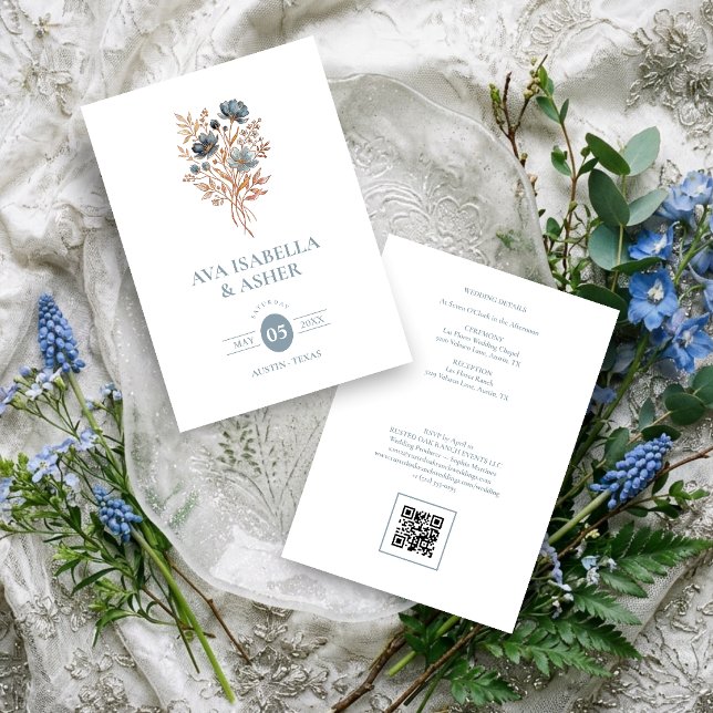 Convites Casamento Botânico Boho Rústico Posy Azul TLW26 (Rustic Boho Botanical Posy Dusty Blue Wedding Invitation Card with a Lovely Watercolor Effect.)