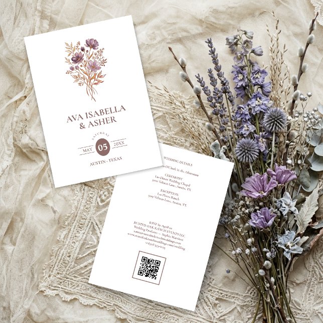 Convites Casamento Botânico Boho Rústico Posy Mauve TLW26 (Rustic Boho Botanical Posy Mauve Purple Wedding Invitation Card with a Lovely Watercolor Effect.)