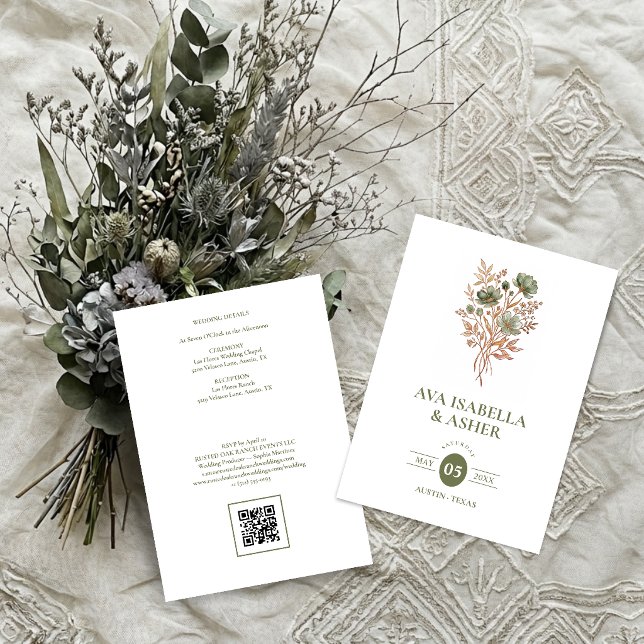 Convites Casamento Botânico Boho Rústico Posy Sage TLW26 (Rustic Boho Botanical Posy Sage Green Wedding Invitation Card with a Lovely Watercolor Effect.)