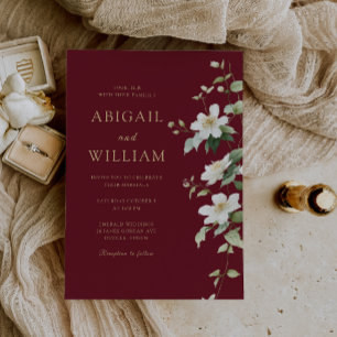 Convites Casamento Botânico Branco Flor Silvestre Bordô