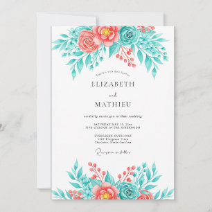 Convites Casamento Botânico Breezy Coral Teal