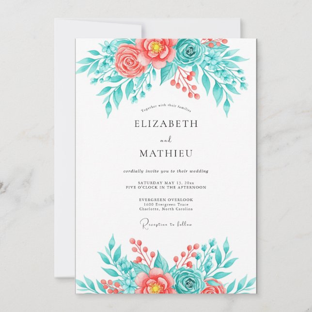 Convites Casamento Botânico Breezy Coral Teal (Frente)