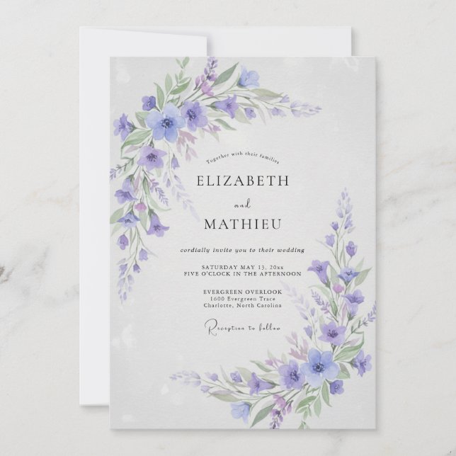 Convites Casamento Botânico Breezy Periwinkle (Frente)