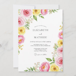 Convites Casamento Botânico Brilhante Amarelo Rosa