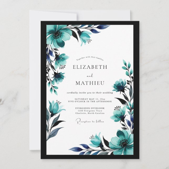 Convites Casamento Botânico Brilhante Azul-Marinho Turquesa (Frente)