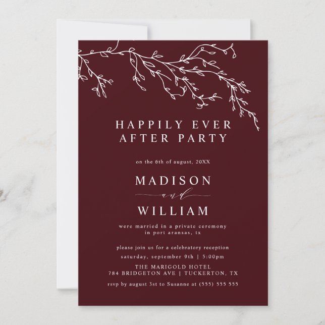 Convites Casamento Botânico Burgundy e Marfim Elegante (Frente)