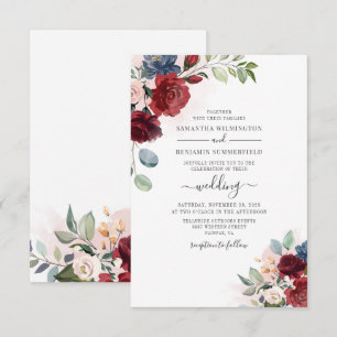 Convites Casamento Botânico Burgundy Moderno com Letra Flor