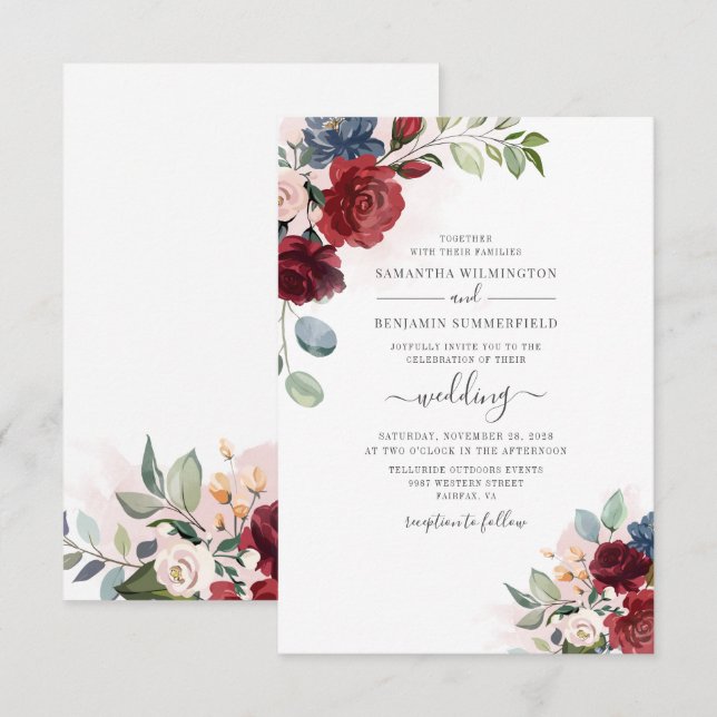 Convites Casamento Botânico Burgundy Moderno com Letra Flor (Frente/Verso)
