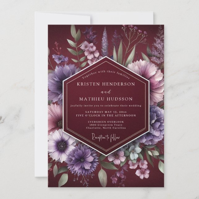 Convites Casamento Botânico Burgundy Moody (Frente)