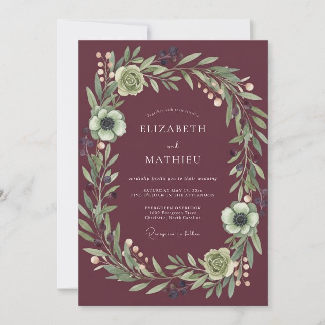Convites Casamento Botânico Burgundy Regal (Frente)