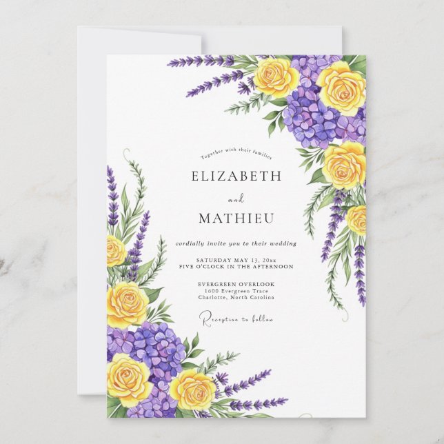 Convites Casamento Botânico Caprichoso Amarelo Roxo (Frente)