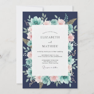 Convites Casamento Botânico Caprichoso Azul Naval