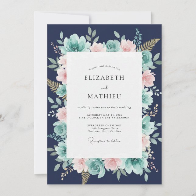 Convites Casamento Botânico Caprichoso Azul Naval (Frente)