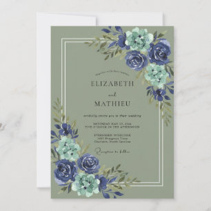 Convites Casamento Botânico Caprichoso Azul Naval