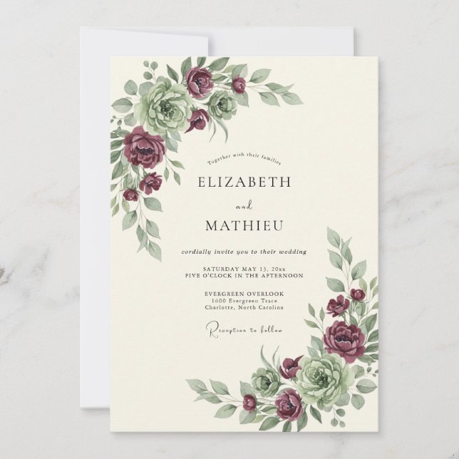 Convites Casamento Botânico Caprichoso Borgonha (Frente)