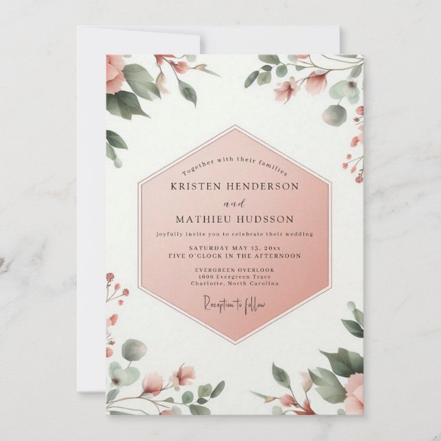 Convites Casamento Botânico Caprichoso Coral Blush (Frente)