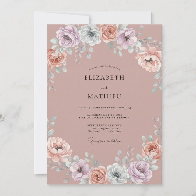 Convites Casamento Botânico Caprichoso Malva (Frente)