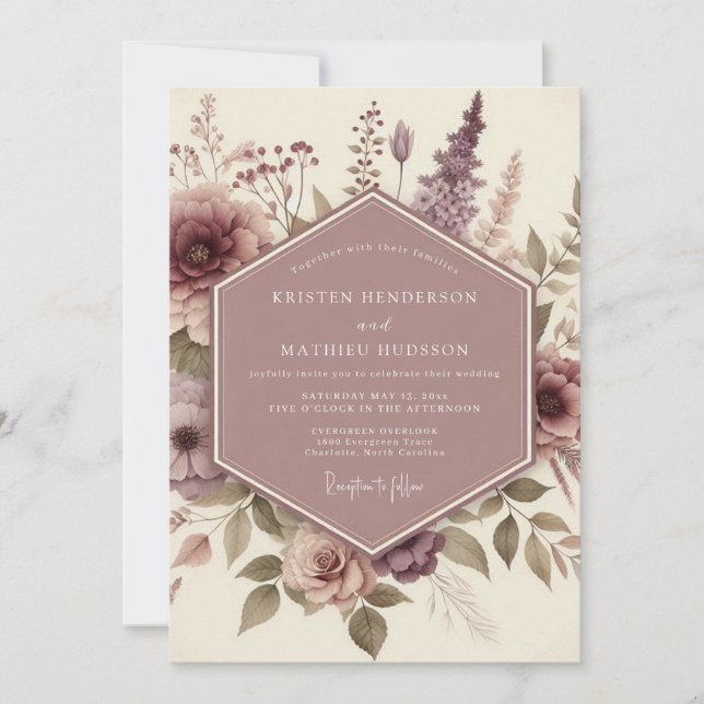 Convites Casamento Botânico Caprichoso Malva (Frente)