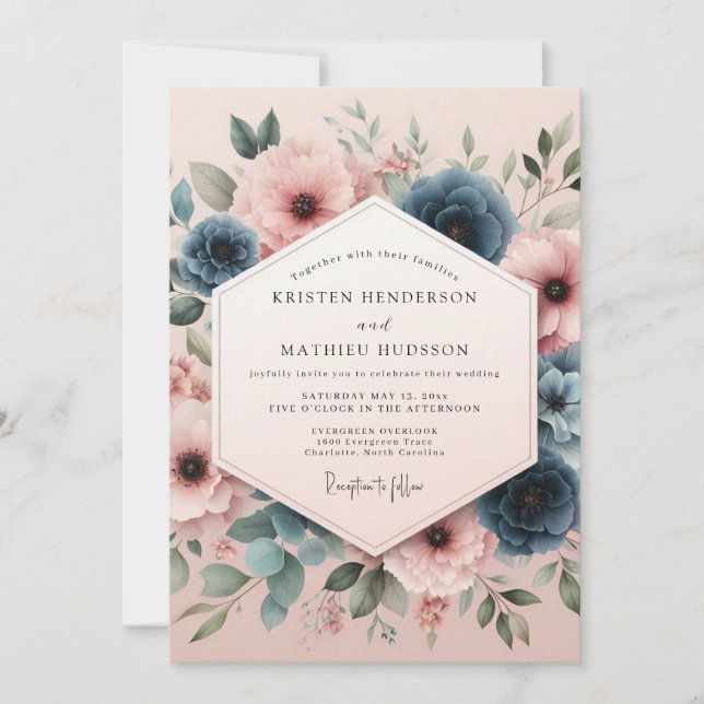 Convites Casamento Botânico Caprichoso Rosa Empoeirada (Frente)