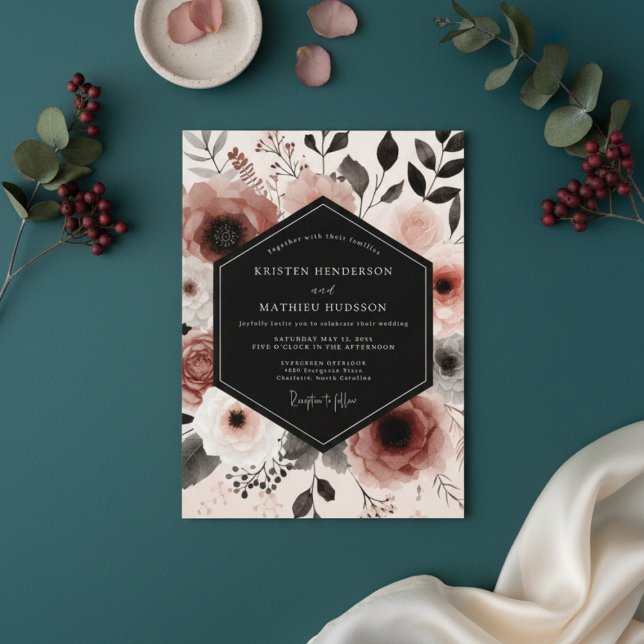 Convites Casamento Botânico Caprichoso Rosa Empoeirada (Criador carregado)