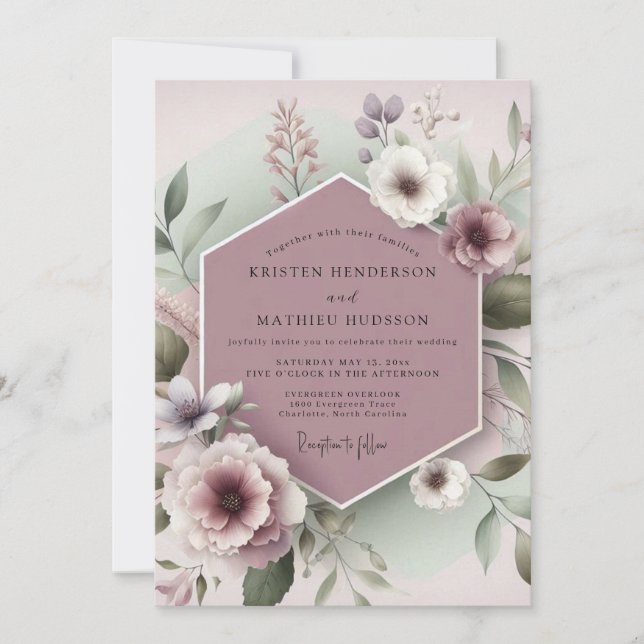 Convites Casamento Botânico Caprichoso Rosa Empoeirado (Frente)