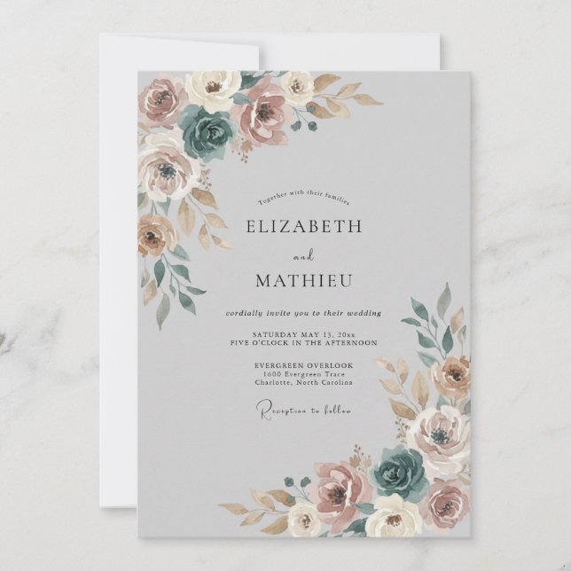Convites Casamento Botânico Caprichoso Rosa Empoeirado (Frente)