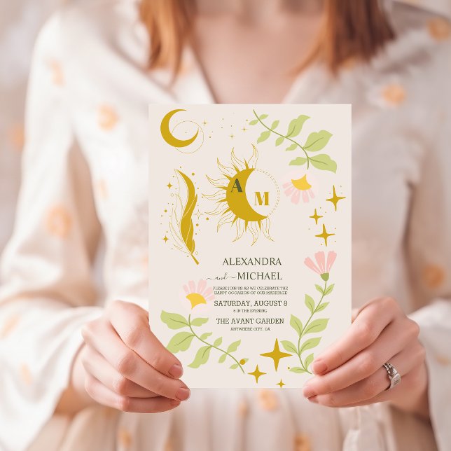 Convites Casamento Botânico Celestial Vintage Monograma (Criador carregado)