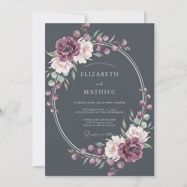 Convites Casamento Botânico Charcoal Gray Midnight (Frente)