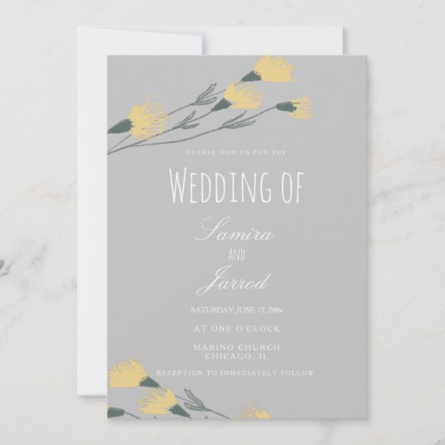 Convites Casamento Botânico Cinza Flor Silvestre Desenhada  (Frente)