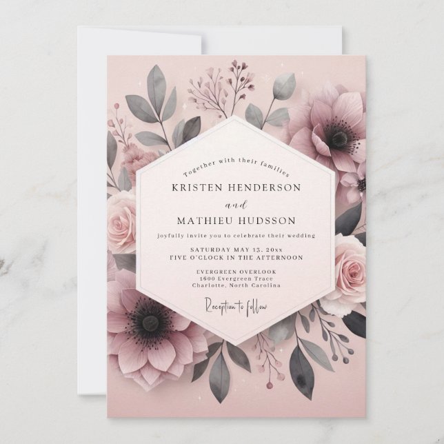 Convites Casamento Botânico Cinza Rosa (Frente)