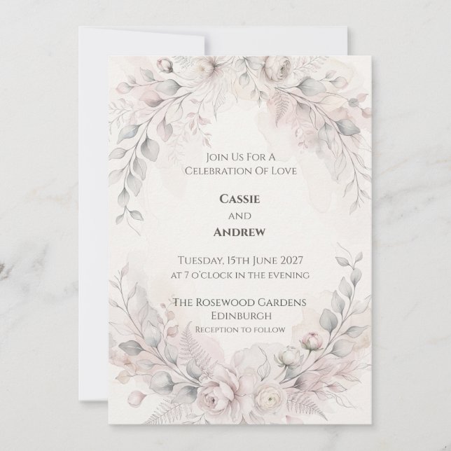 Convites Casamento Botânico Cinza Rosa Suave (Frente)