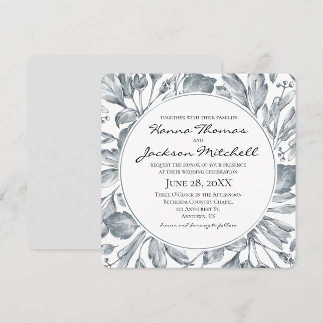 Convites Casamento Botânico Cinza Vintage (Frente/Verso)